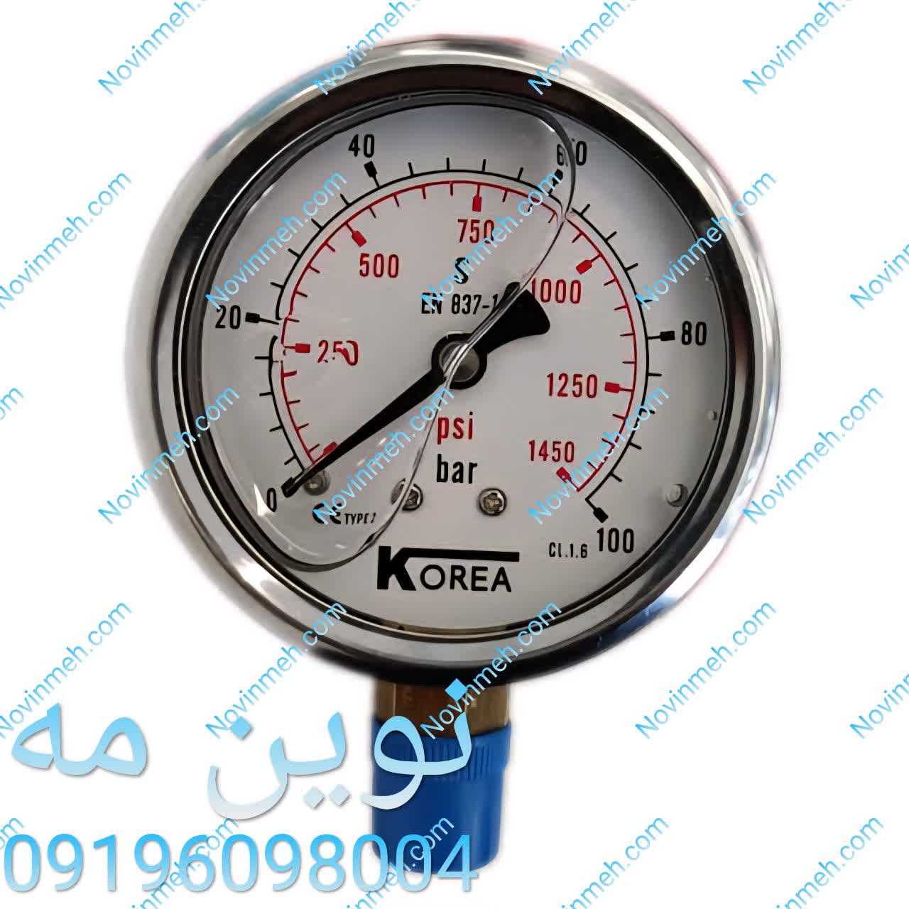 خرید مانومتر روغنی 100 بار - فشارسنج صنعتی ضد لرزش با بدنه استیل